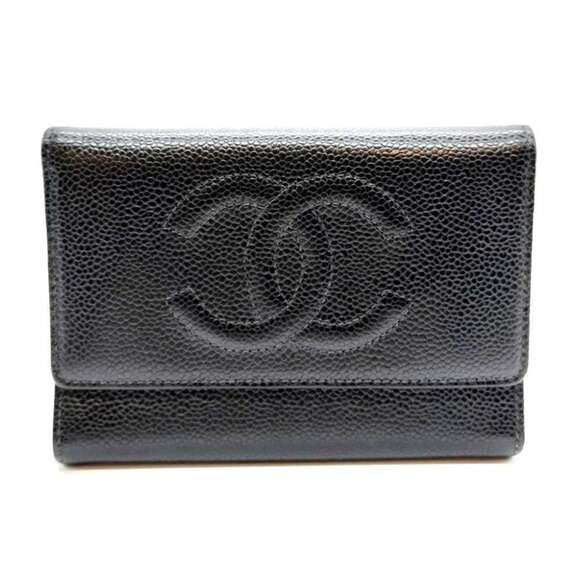 Chanel Tri-fold Wallet Black Coco Mark Folding Women's Caviar Skin Leather CH... - Picture 1 of 6